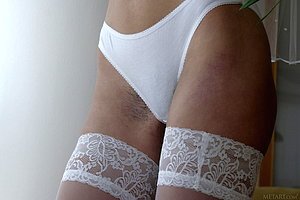 White stockings beautiful brunette bride shows her hairy pussy