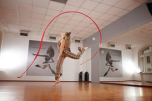 Cat ears gymnast blonde does her routine while completely naked