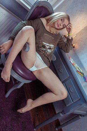 Blue-eyed blonde with fancy eyebrows and see-through panties