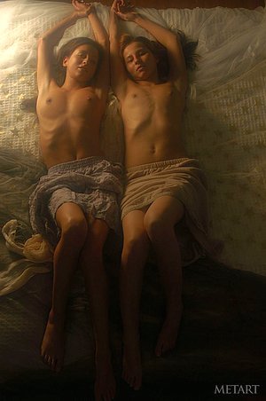 Two topless girlfriends caressing each other before drifting off to sleep