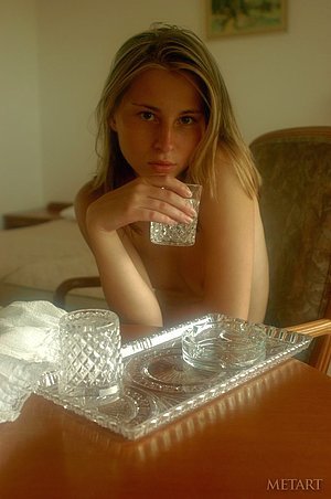 Moody blonde showing her naked breasts in a beautiful sun-lit room