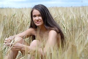 Cheerful brunette posing completely naked in the middle of a field