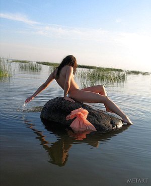 Brunette beauty posing by the water in a sexy outdoor gallery