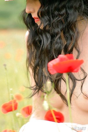 Raven-haired beauty with bangs roams a beautiful field while naked
